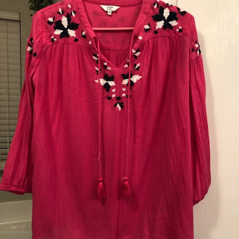 Crown & Ivy Embroidered Tassel Top